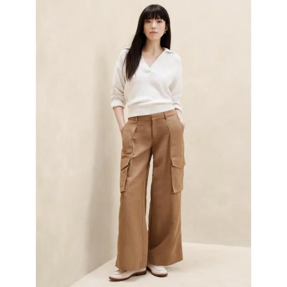 NWT Banana Republic Cargo Suit Pants Womens 4 wide Leg Linen Blend Brown trouser